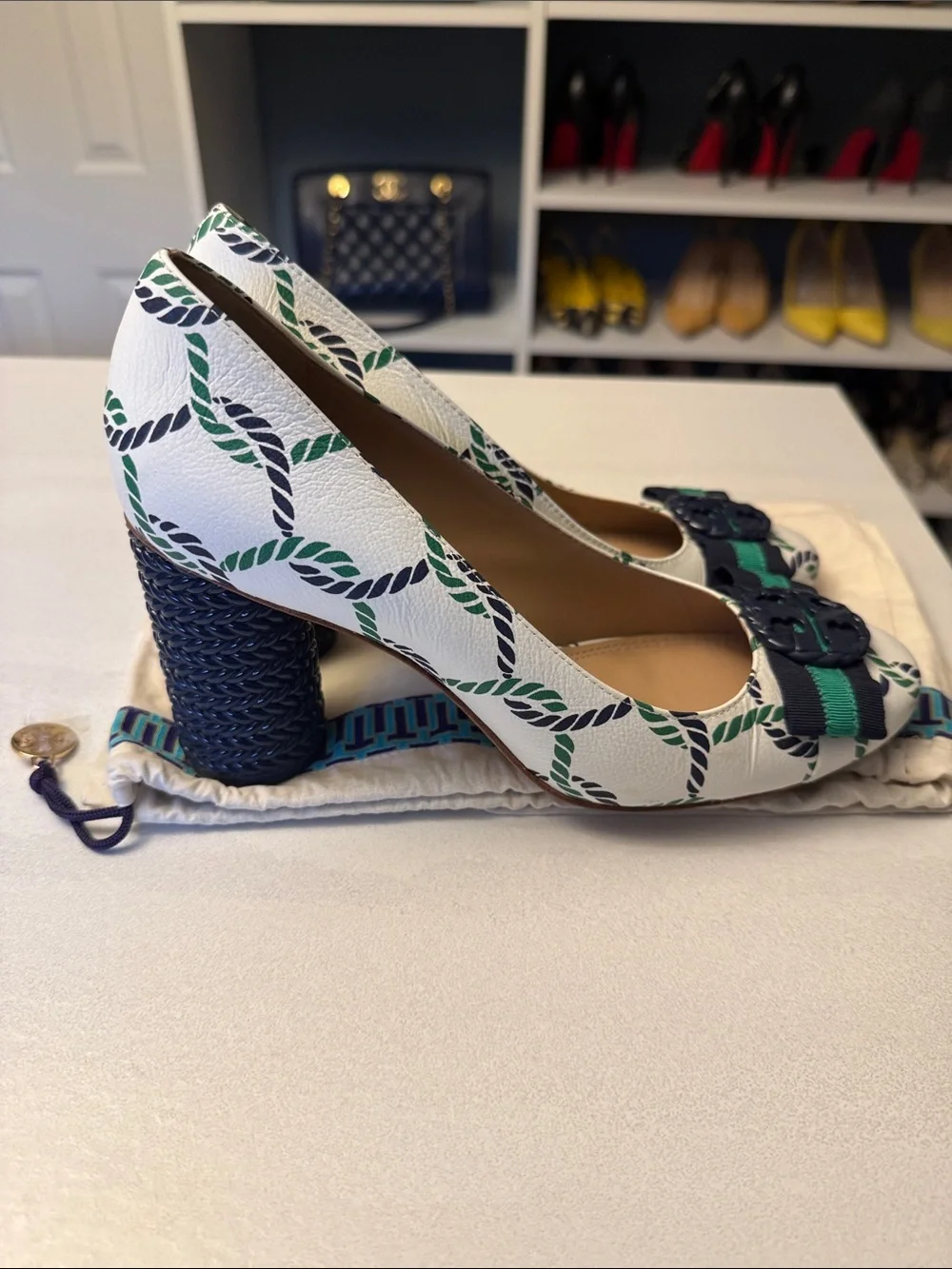 Tory Burch Maritime Nautical Rope-Print Pumps with Green & Black Bow Accent